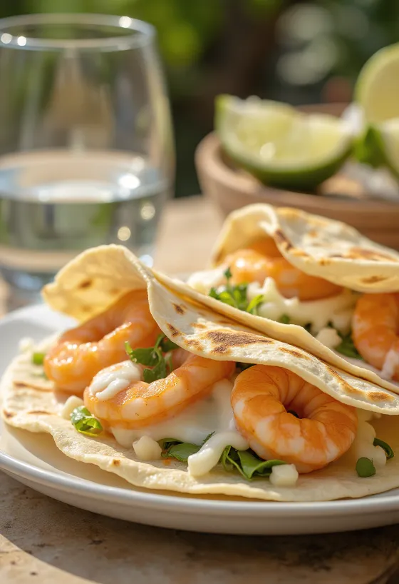 Quesadilla garnélával töltve, olvadt sajttal, lime-gerezdekkel tálalva