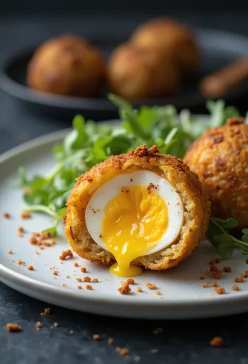 Vegetáriánus scotch egg tálalva, ropogós panírban