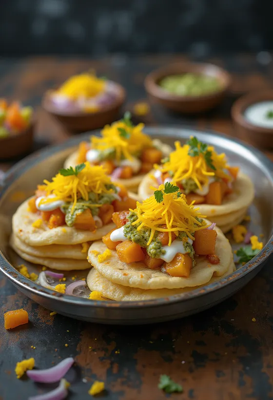 Sev puri csípős zöld chutney-val, ropogós puri, krémes joghurt és friss zöld fűszerek
