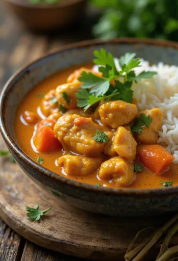 Thai vörös curry csirkével és jázmin rizzsel tálalva, friss korianderrel