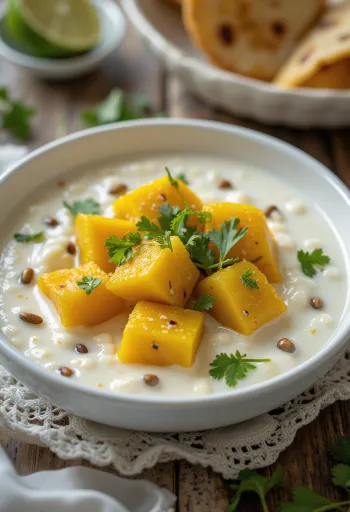Tinda dahi, joghurttal és korianderrel, friss lime levéllel díszítve