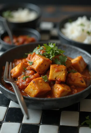 Vindaloo tofuval fűszeres, gazdag szószban tálalva