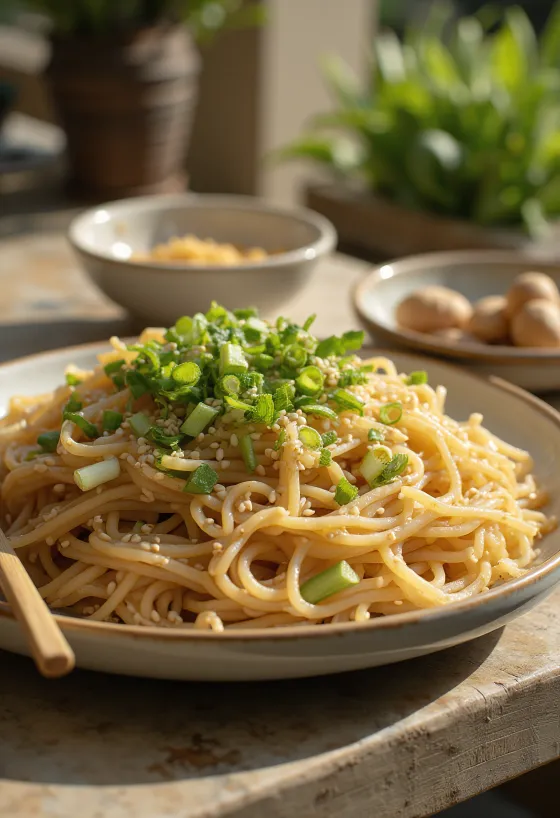 Zaru soba szezámmaggal és zöldhagymával tálalva