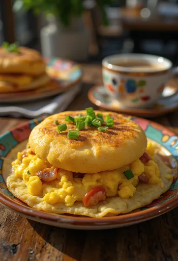 Arepa con Perico koreai stílusú étel tálalva