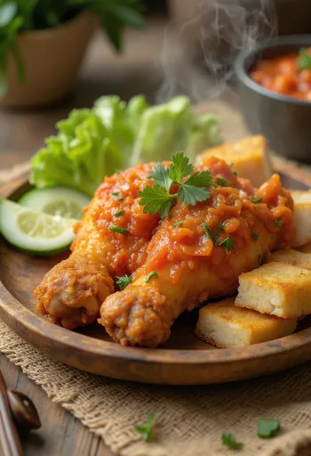 Ayam Penyet csirke csípős sambal szósszal tálalva