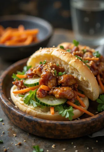 Ázsiai stílusú gyros teriyaki mázas csirkével, savanyított zöldségekkel és bao buciban tálalva