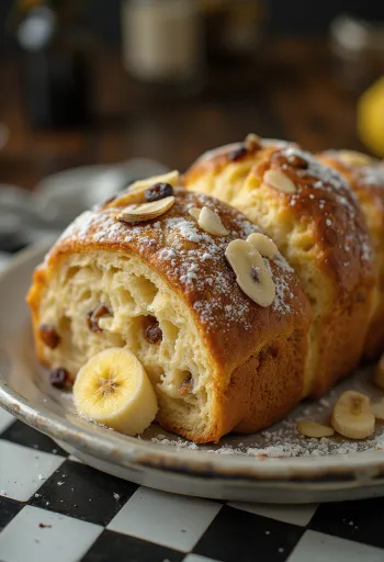 Banános-vaníliás Stollen szeletelve, porcukorral megszórva