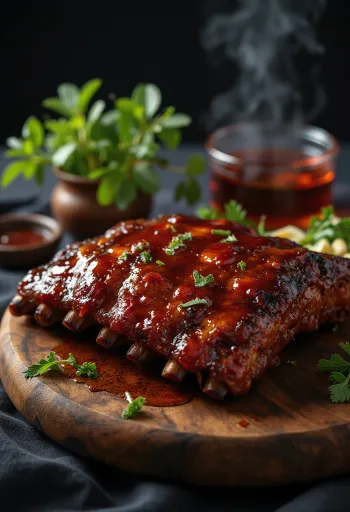BBQ bordák tálalva sült burgonyával és friss salátával