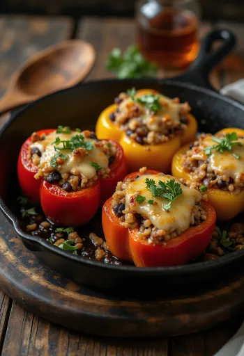 BBQ grillezett vegán töltött paprika tálalva