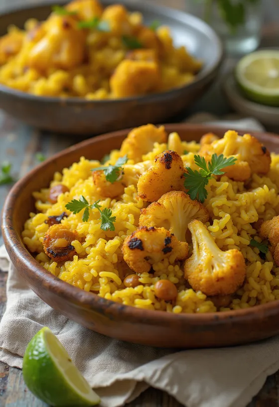 Bhuna khichuri karfiollal tálalva, friss korianderrel díszítve
