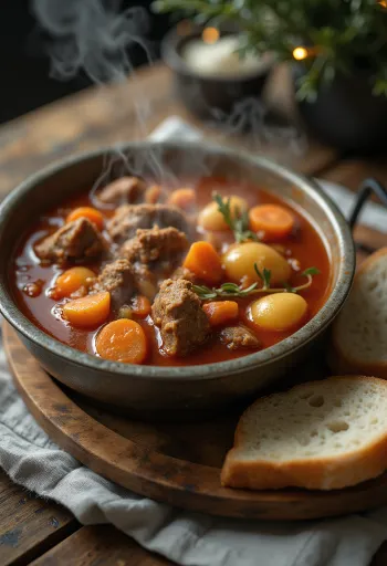 Bográcsgulyás füstösen, gazdagon tálalva friss kenyérrel