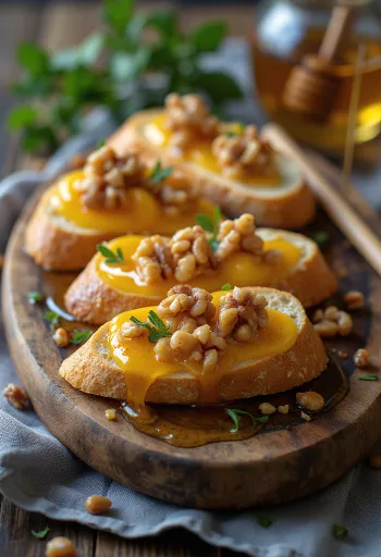 Bruschetta mézzel és dióval, friss bazsalikommal díszítve