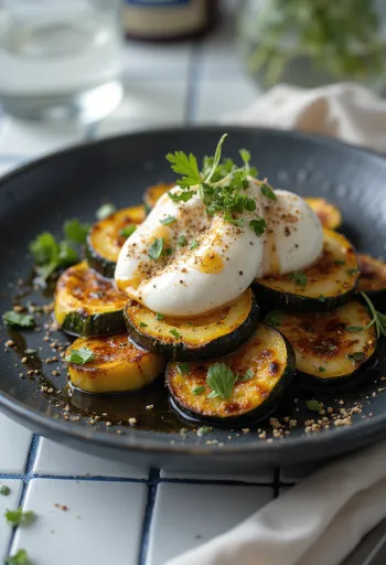Burrata sült cukkínivel, friss salátával és balzsamecettel tálalva.