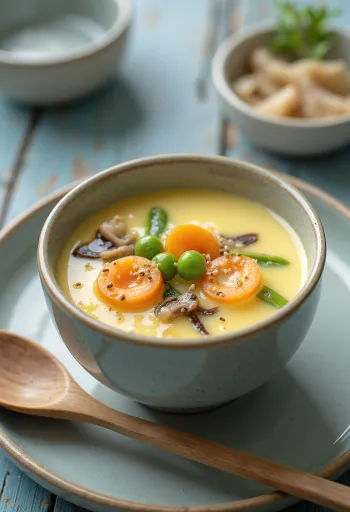 Chawanmushi zöldségekkel, tálalva friss zöldségekkel
