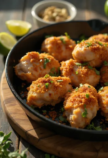 Ropogós Chicharrón de pollo tálalva, aranybarna, fűszeres csirkecomb darabok.