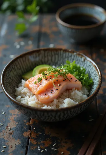 Chirashi tál pisztránggal és friss zöldségekkel tálalva
