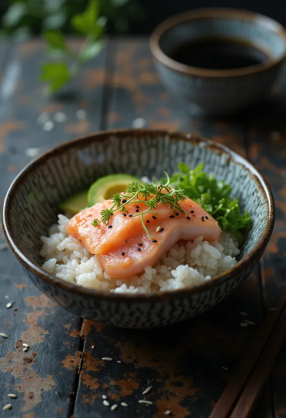 Chirashi tál pisztránggal és friss zöldségekkel tálalva