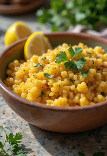 Couscous fűszeres olívaolajjal, friss korianderrel és citrommal díszítve