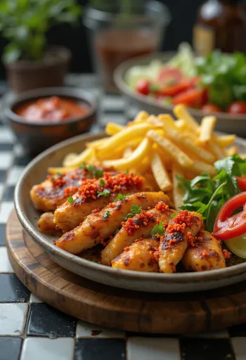 Csípős gyros tál sült hússal, zöldségekkel és chili-s szósszal
