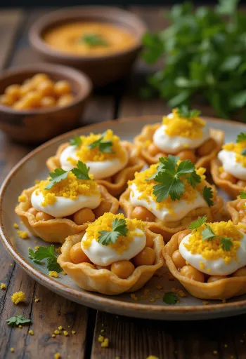 Dahi puri sev-vel, joghurtos szósz, csicseriborsó és sev ropogósokkal tálalva