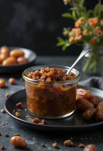 Date chutney üvegben, gazdag barna színű fűszeres szósz