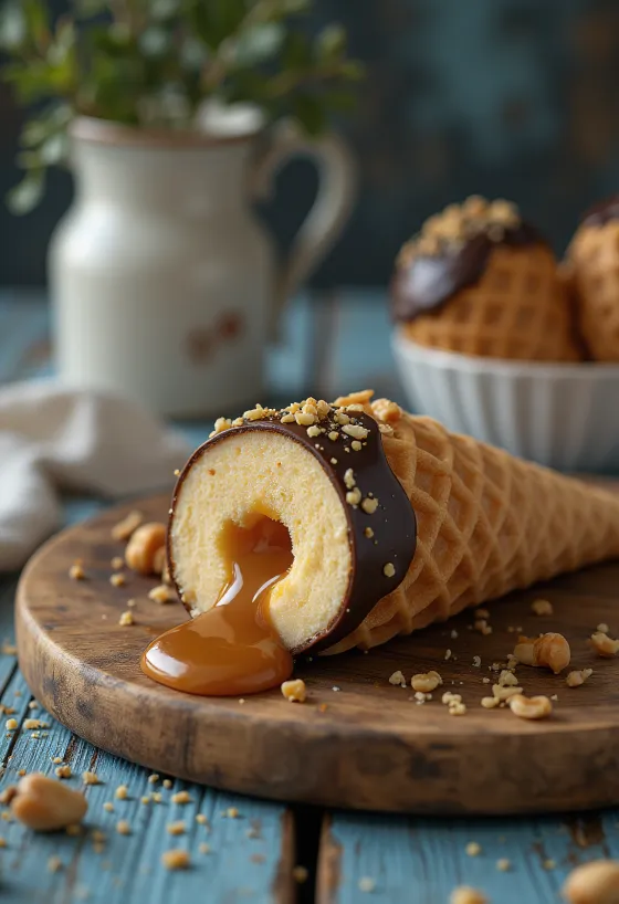Drumstick Caramel fagylalt tölcsérben tálalva