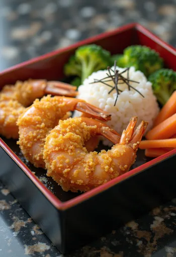 Ebi fry bento dobozban, tálalva rákokkal, sült zöldségekkel és kecskesajtos joghurtos szósszal