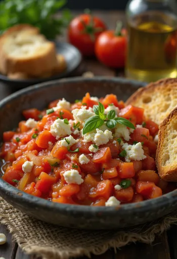 Ezme fokhagymával, feta sajttal, paradicsommal és paprikával tálalva