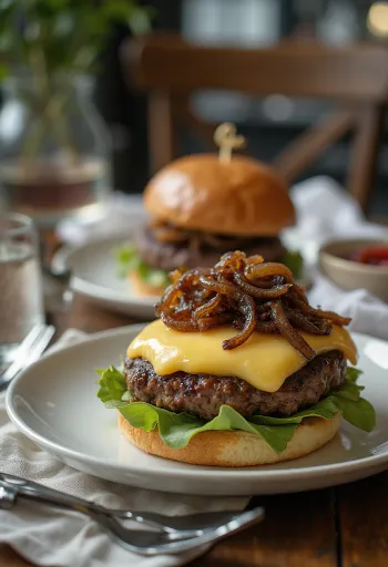 Francia hamburger camembert sajttal és karamellizált hagymával