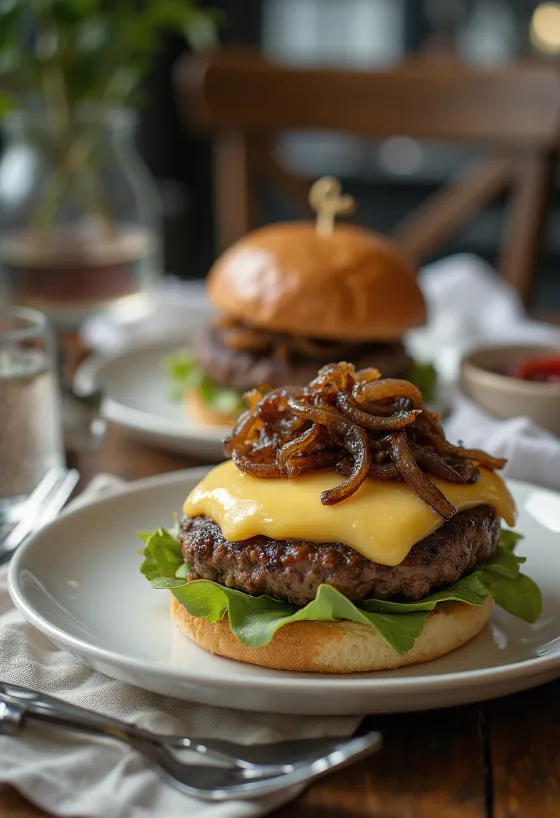 Francia hamburger camembert sajttal és karamellizált hagymával