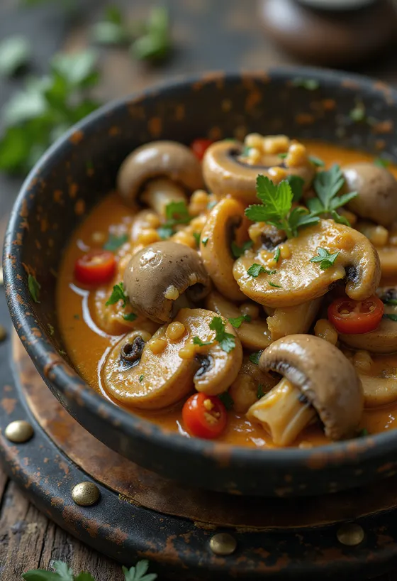 Gombás Bicol Express tálalva, kókusztejjel és chilivel