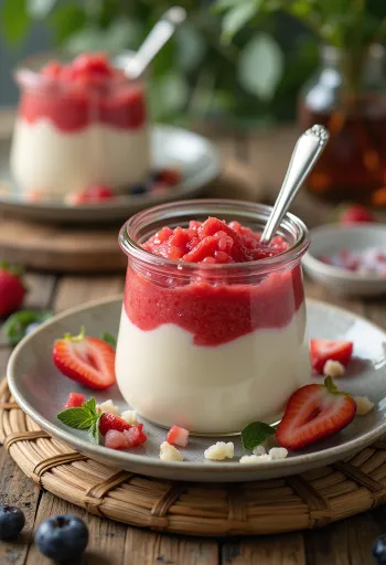 Gyümölcspürés panna cotta tálalva