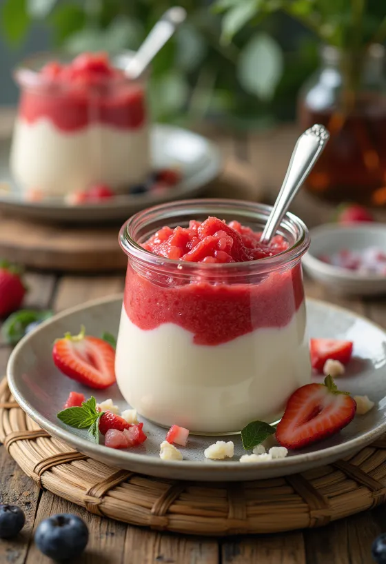 Gyümölcspürés panna cotta tálalva