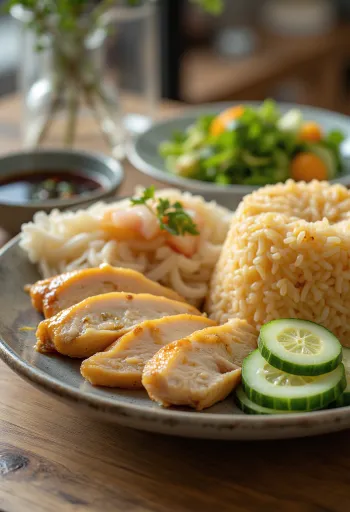 Hainanese csirkés rizs tálalva friss uborkával és korianderrel