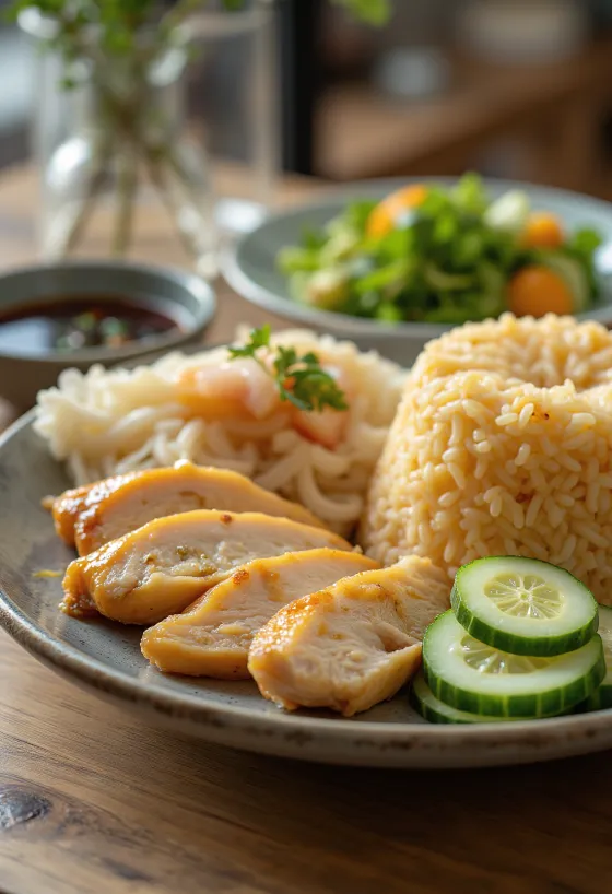 Hainanese csirkés rizs tálalva friss uborkával és korianderrel