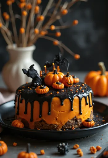 Halloween torta narancssárga fondanttal és fekete díszítéssel