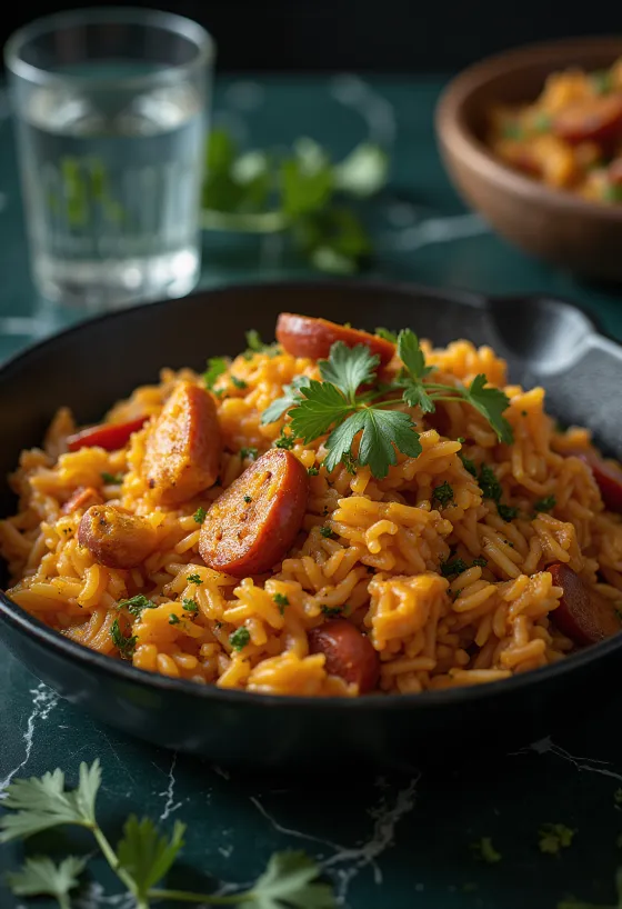 Jambalaya olívaolajjal, gazdag csirkehússal, chorizóval és zöldségekkel tálalva