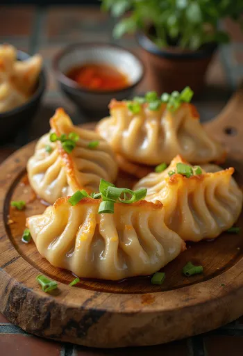 Japán kimchis gyoza ropogós aljú tésztában, kimchis sertéshúsos töltelékkel, tálalva szójaszószos mártogatóval
