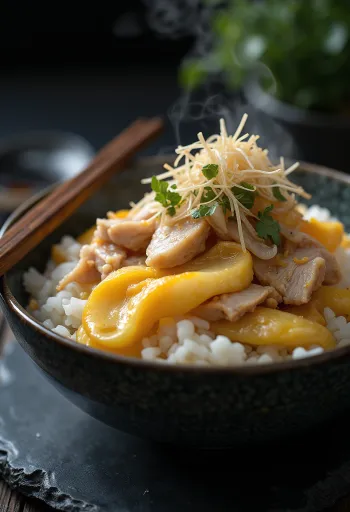Katsuobushi szárított tonhal töltelékű Oyakodon tálalva főtt rizs tetején, gazdag ízekkel