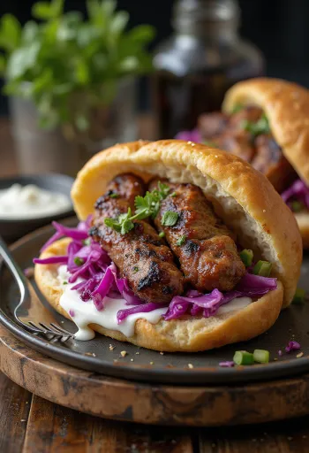 Kebab Szendvics grillezett húsnyársakkal, friss zöldségekkel és joghurtos szósszal