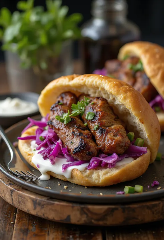 Kebab Szendvics grillezett húsnyársakkal, friss zöldségekkel és joghurtos szósszal