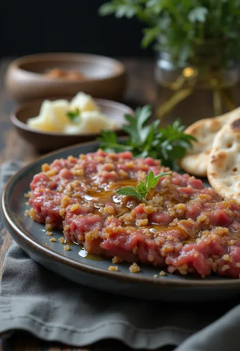 Kibbeh Nayyeh nyers húsos előétel közel-keleti módra tálalva