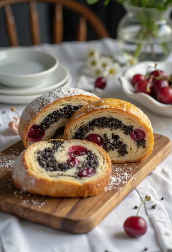 Mákos-meggyes Stollen szeletek tálalva