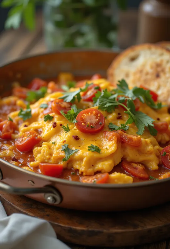 Menemen pirított kenyérrel, tojással és friss zöldségekkel