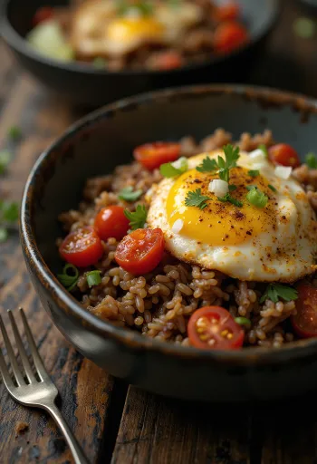 Nasi Goreng Paradicsommal, gazdag fűszerekkel és friss paradicsommal tálalva