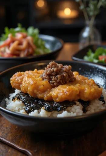 Nori tsukudani hínár szószban főzve töltelékű katsudon tálalva