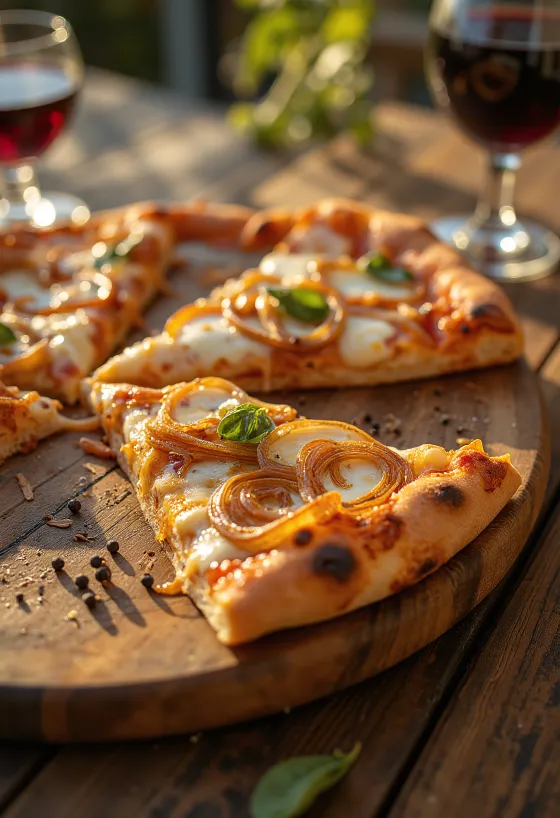 Pizza con Cipolla karamellizált hagymával és sajttal