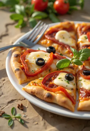 Pizza Española chorizóval, piros paprikával és olajbogyóval