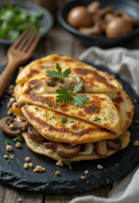 Gombás quesadilla ropogósra sütve, olvadt sajttal, háromszögekre vágva