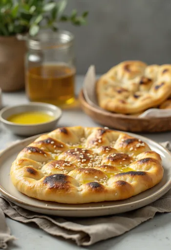 Roghni naan aranybarna szezámmaggal megszórva, olívaolajjal tálalva